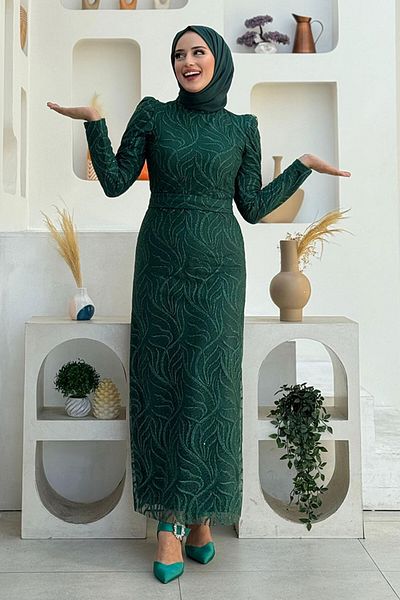 Bym Fashion فستان سهرة من التول اللامع بنمط فرع مقاس كبير - زمردي 1140-1
