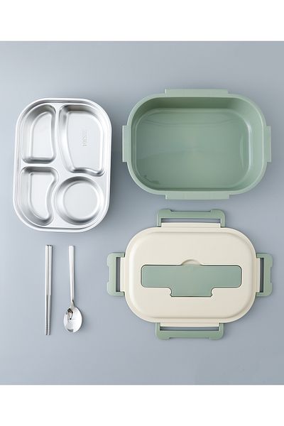 Fab N Funky Kids Oval Lunch Box - Beige & Green