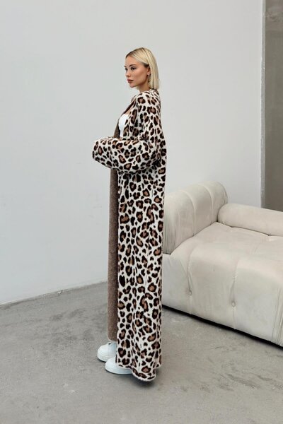 Olcay Béžový leopardí vzor dlouhý pletený Cardigan 8241