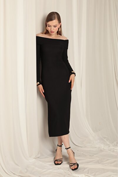 ilknur ergün SİYAH YIRTMAÇLI MADONNA YAKA ELBİSE