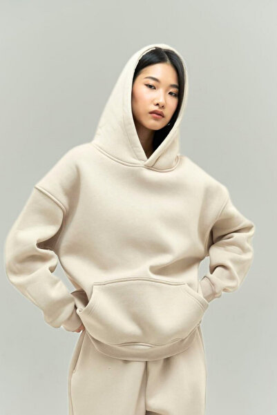 Women's Casual Oversize 3 Thread Cotton Raised Kangaroo Pocket Hooded Sweatshirt