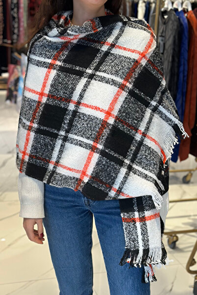 REMSA 1263 Model Plaid Patterned Black Shoulder Shawl - 60X180 cm