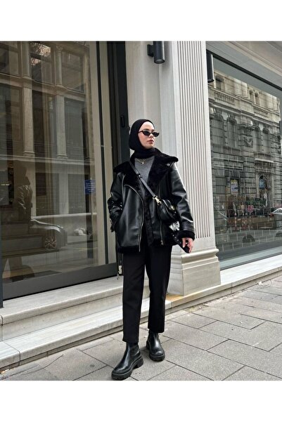 WoolnClyde Kadın Siyah Içi Siyah Kürklü Oversize Uzun Suni Deri Biker Ceket K...