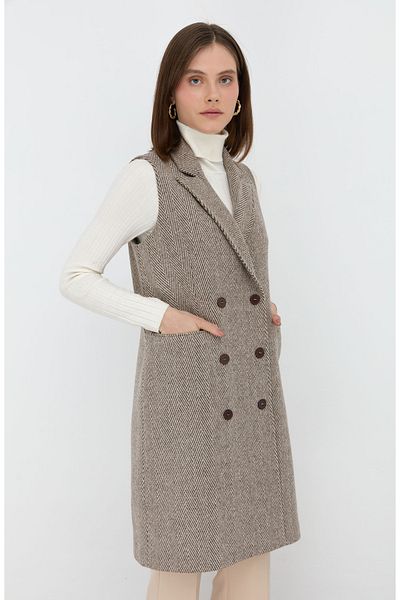 Fatma Atasoy Classic Herringbone Milk Coffee Vest