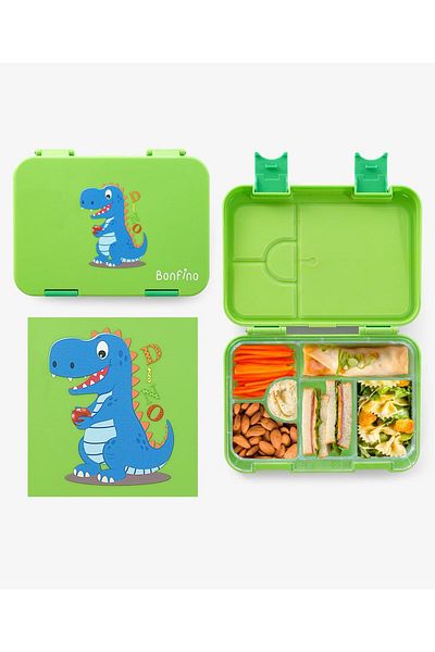 Fab N Funky Bonfino Dino ABS Bento Lunch Box, BPA Free, Microwave Safe Removable Tray, 1.1L, 3 Years+ - Green
