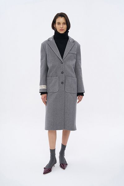 Quzu Back Print Detailed Pocket Long Coat Dark Gray