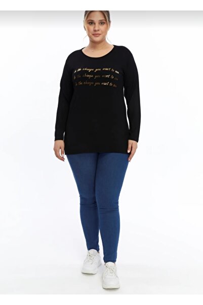 Barato Μαύρη μπλούζα με μακρυμάνικο στάμπα μεγάλου μεγέθους