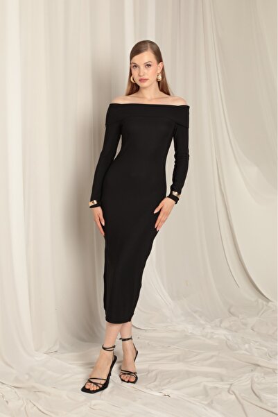 ilknur ergün SİYAH YIRTMAÇLI MADONNA YAKA ELBİSE