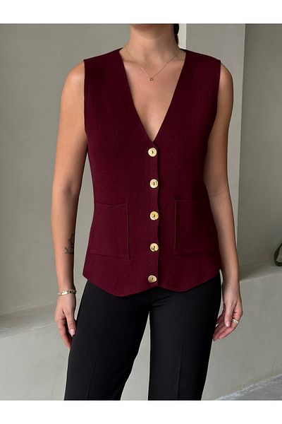 Laluvia Burgundy Cherry Gold Buttoned Vest - 4534