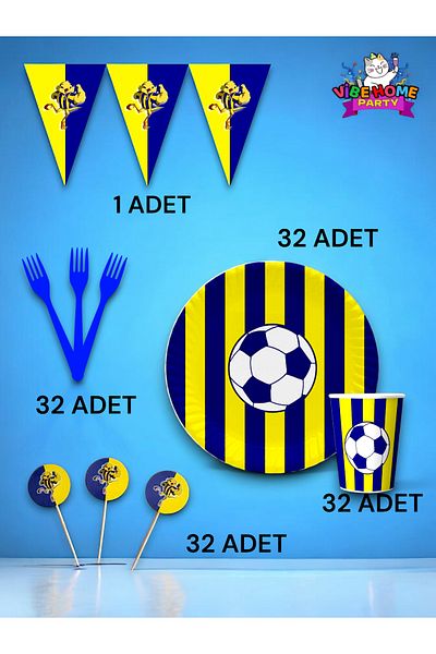 VibeHome Yellow Navy Blue Fan Eco Set for 32 - Birthday Party and Fun Events