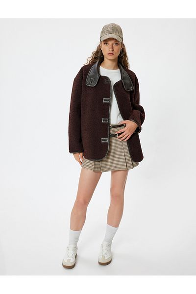 Koton Μακρύ βελούδινο παλτό Oversize από συνθετικό δέρμα με λεπτομέρεια με κουμπιά γιακά με τσέπη