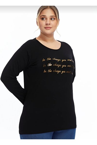 Barato Μαύρη μπλούζα με μακρυμάνικο στάμπα μεγάλου μεγέθους