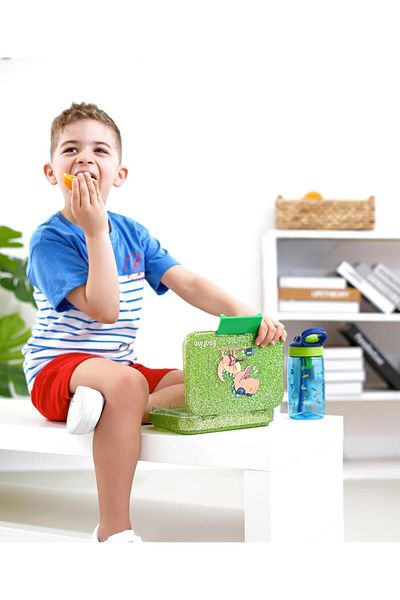 Fab N Funky صندوق غداء بونفينو دينو ABS بينتو، خالٍ من مادة BPA، صينية قابلة للإزالة آمنة للاستخدام في الميكروويف، سعة 1 لتر، مناسب للأطفال من سن 3 سنوات فما فوق - أخضر