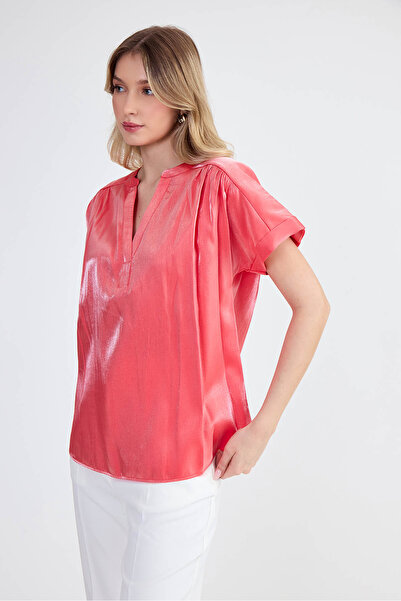 Vitrin Judge Collar Shiny Fabric Short Sleeve Blouse