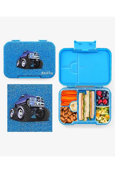 Fab N Funky Bonfino Monster Truck ABS Bento Lunch Box, BPA Free, Microwave Safe Removable Tray, 3 Years+ - Blue