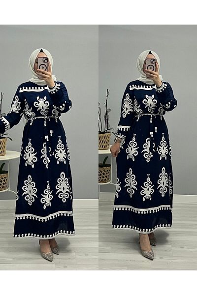Blackmods Women's Navy Blue White Patterned Viscose Hijab Dress