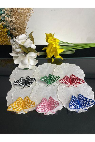 PLT Design Set of 6 3D Butterfly Patterned Embroidery Linen Tea, Cocktail and Coffee Presentation Napkins