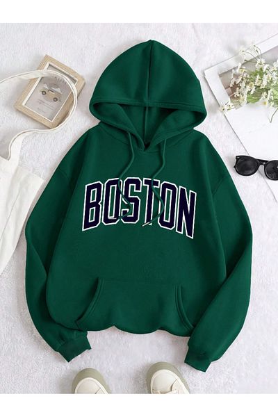 Derays Унисекс суитшърт с щампован червен цвят Boston - с качулка