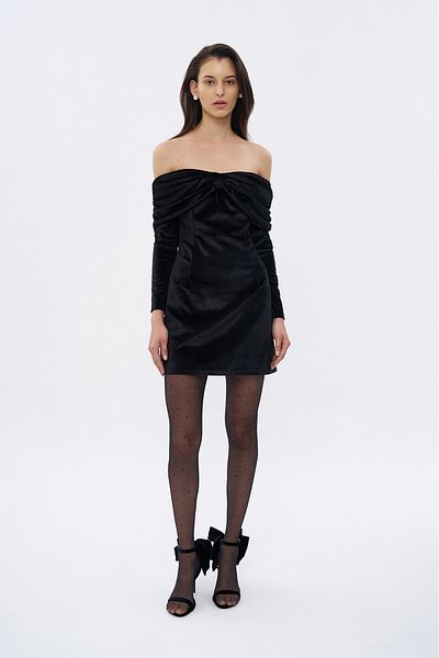 Quzu Black Velvet Mini Dress - Ribbon Detail