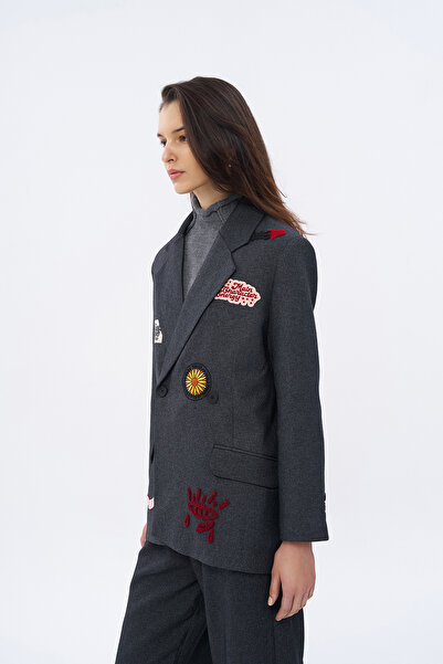 Quzu Anthracite Embroidered Double Breasted Collar Blazer Jacket - Back Printed