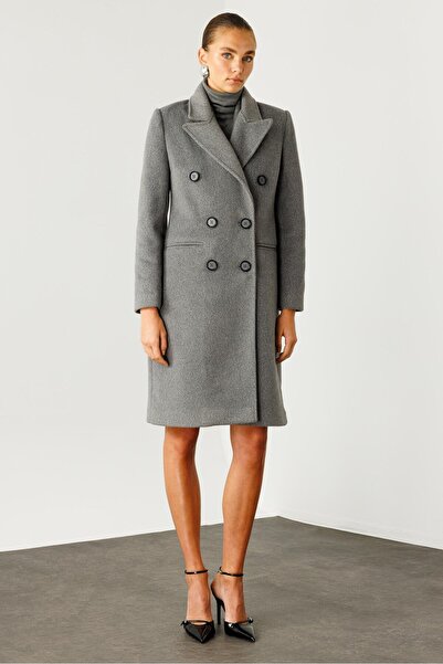 Moda İlgi Modailgi  Mono Yaka Fleto Cepli Kruvaze Kaşe Kaban Gri