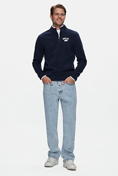 UCLA Ανδρικό φούτερ με κέντημα σκούρο μπλε ναυτικό - με μισό φερμουάρ, γιακάς, τυπική εφαρμογή