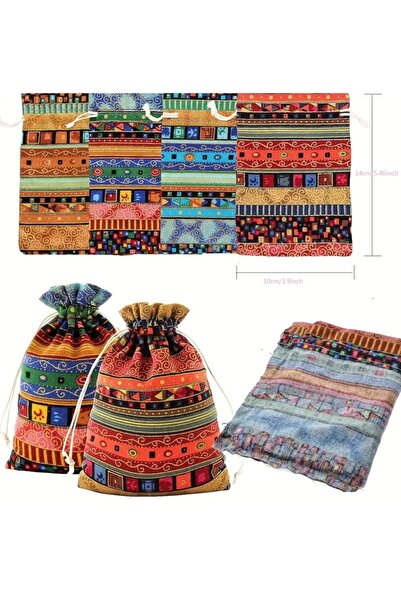 arredamento Etnik Tarzı Jüt Kese Mücevher Çantası İpli ve Büzgülü 3 Adet 14x10 cm