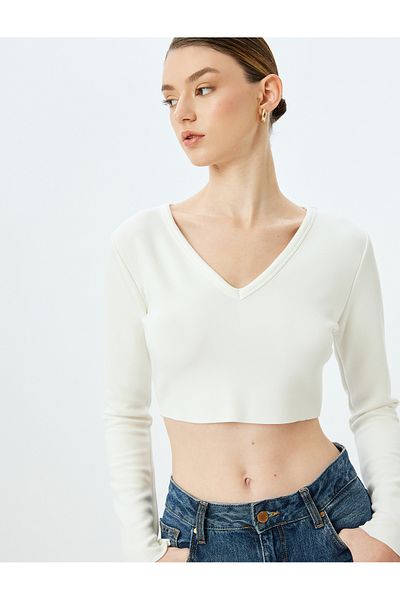 Koton Tricou crop cu mânecă lungă din viscoză cu decolteu în V