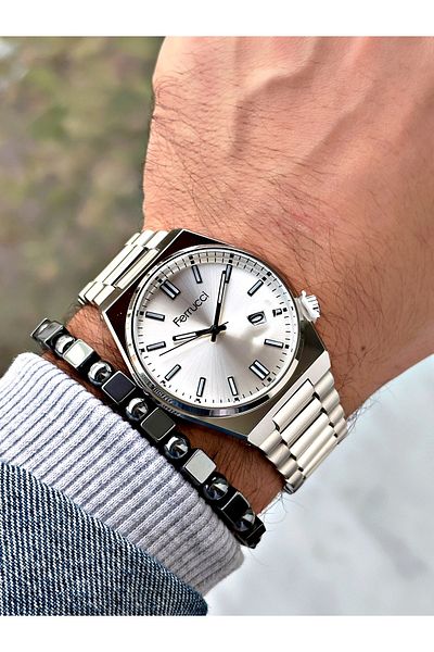 Ferrucci Silver Color Classic Calendar Steel Band Men's Wrist Watch + Bracelet