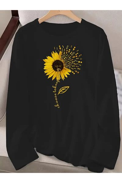 REKA MODA Women's Long Sleeve Crew Neck Sunflower Print Viscose Blouse