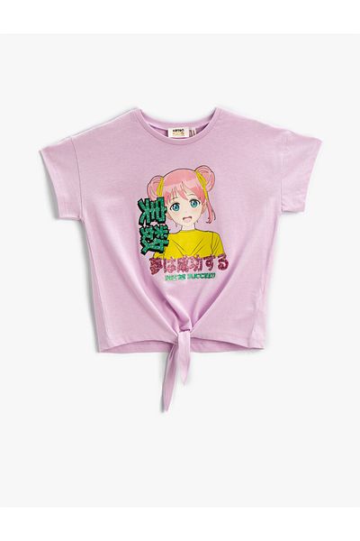 Koton Printed T-Shirt Tie Front Short Sleeve Crew Neck Cotton