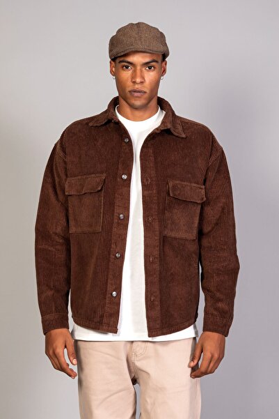 LTC Jeans Ανδρικό πουκάμισο καφέ μοντέλο Oversize Βαμβακερό βελούδινο μπουφάν