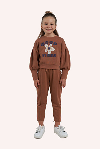 Panço Kız Çocuk Nakışlı Camel Sweatshirt