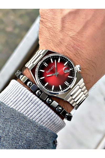 Ferrucci Silver Color Classic Calendar Steel Band Men's Wrist Watch + Bracelet
