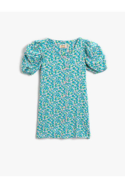 Koton Rochie cu imprimeu floral cu nasturi, decolteu rotund, mânecă cu balon,...