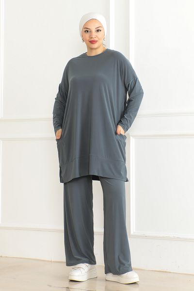 Eliva Women's Stone Color Oversize Pocket Loose Leg Comfortable Daily Casual Hijab Bottom - Top Set
