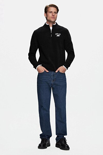UCLA Ανδρικό φούτερ Cornıng Μαύρο με μισό φερμουάρ με κέντημα από φλις γιακά με βάση Standard Fit