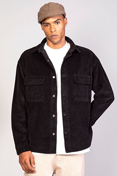 LTC Jeans Ανδρικό μαύρο πουκάμισο μοντέλο Oversize Βαμβακερό βελούδινο μπουφάν