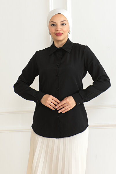 Eliva Cămașă hijab simplă cu mânecă lungă din Tericoton neagră pentru femei