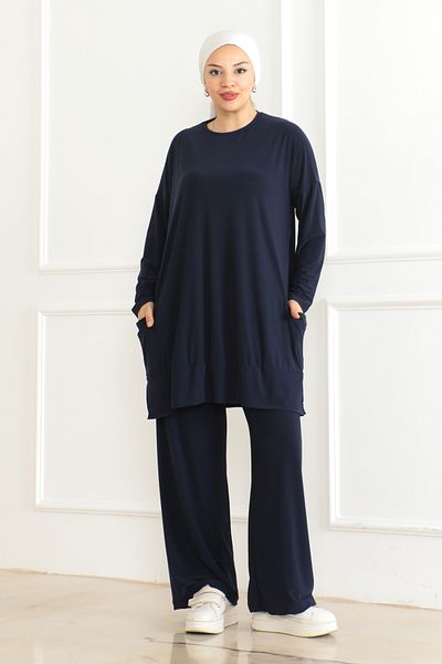 Eliva Women's Dark Navy Blue Oversize Pocketed Loose Leg Comfortable Daily Casual Hijab Bottom - Top Set