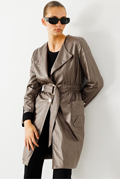 Moda İlgi Modailgi Beli Lastik ve Kuşak Detaylı Torba Cepli Şal Yaka Trenç Gri