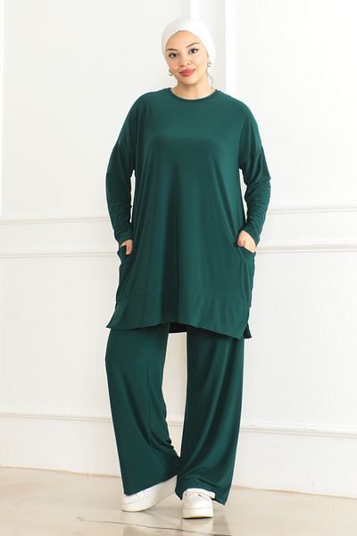 Eliva Women's Dark Green Oversize Pocket Loose Leg Comfortable Daily Casual Hijab Bottom - Top Set