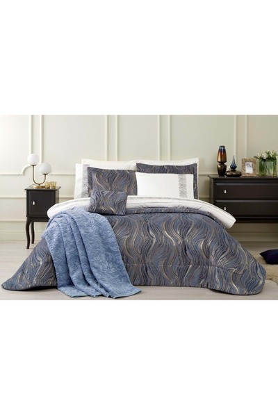 Özdilek 11 Parça Çeyiz Seti (Battaniye+Nevresim Takımı+Yatak Örtüsü)-Novella İndigo