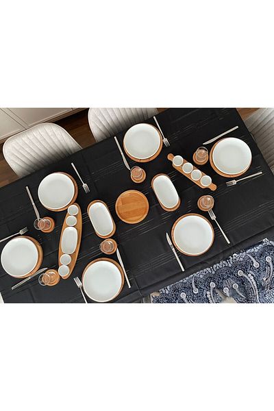 Davi Ahşap 6-Piece 40-Piece Breakfast Set Set with Wooden Porcelain Cups