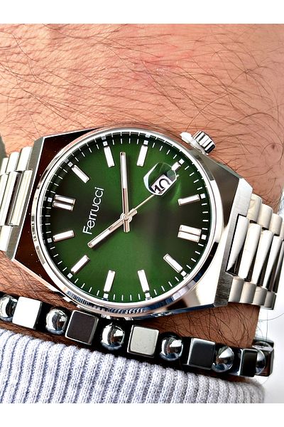 Ferrucci Silver Color Classic Calendar Steel Band Men's Wrist Watch + Bracelet