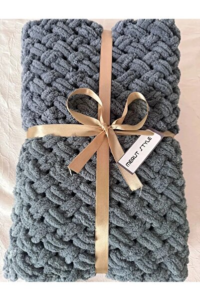 MERUT STYLE HAYATINI RENKLENDİR El Örgüsü Alize Puffy Bebek Battaniyesi Gri Hasır Desen