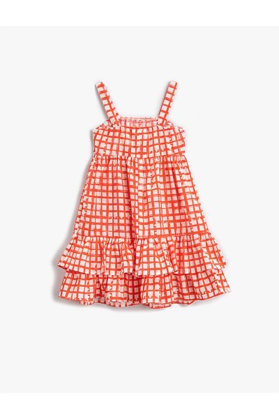 Koton Dress Checked Midi Strappy Ruffled Cotton