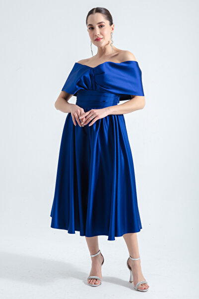 Lafaba Női Saks csónaknyakú kiszélesedő Midi szatén estélyi ruha