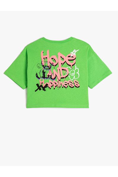 Koton Crop Oversize T-Shirt Printed on the Back Short Sleeve Crew Neck Cotton
