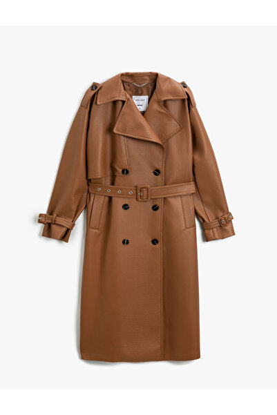 Koton Kemerli Uzun Deri Görünümlü Ceket